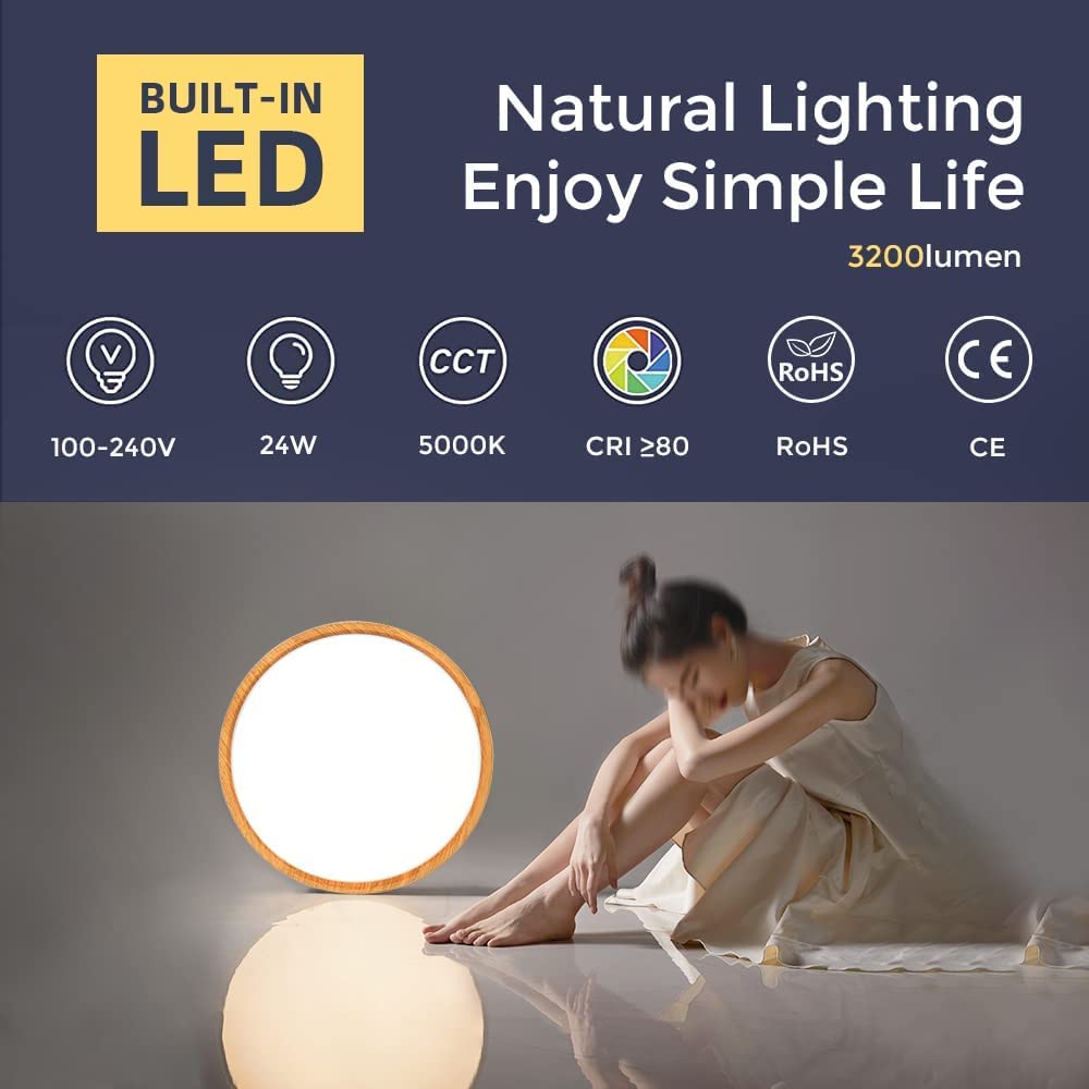 12in/30cm 24W LED Wood Grain Flush Mount Ceiling Light, 5000K Daylight White Bathroom Light, 3200LM, Round Ceiling Lighting, 240W Equivalent Ceiling Lamp for Closets, Kitchens, Hallway, Bedrooms, etc.