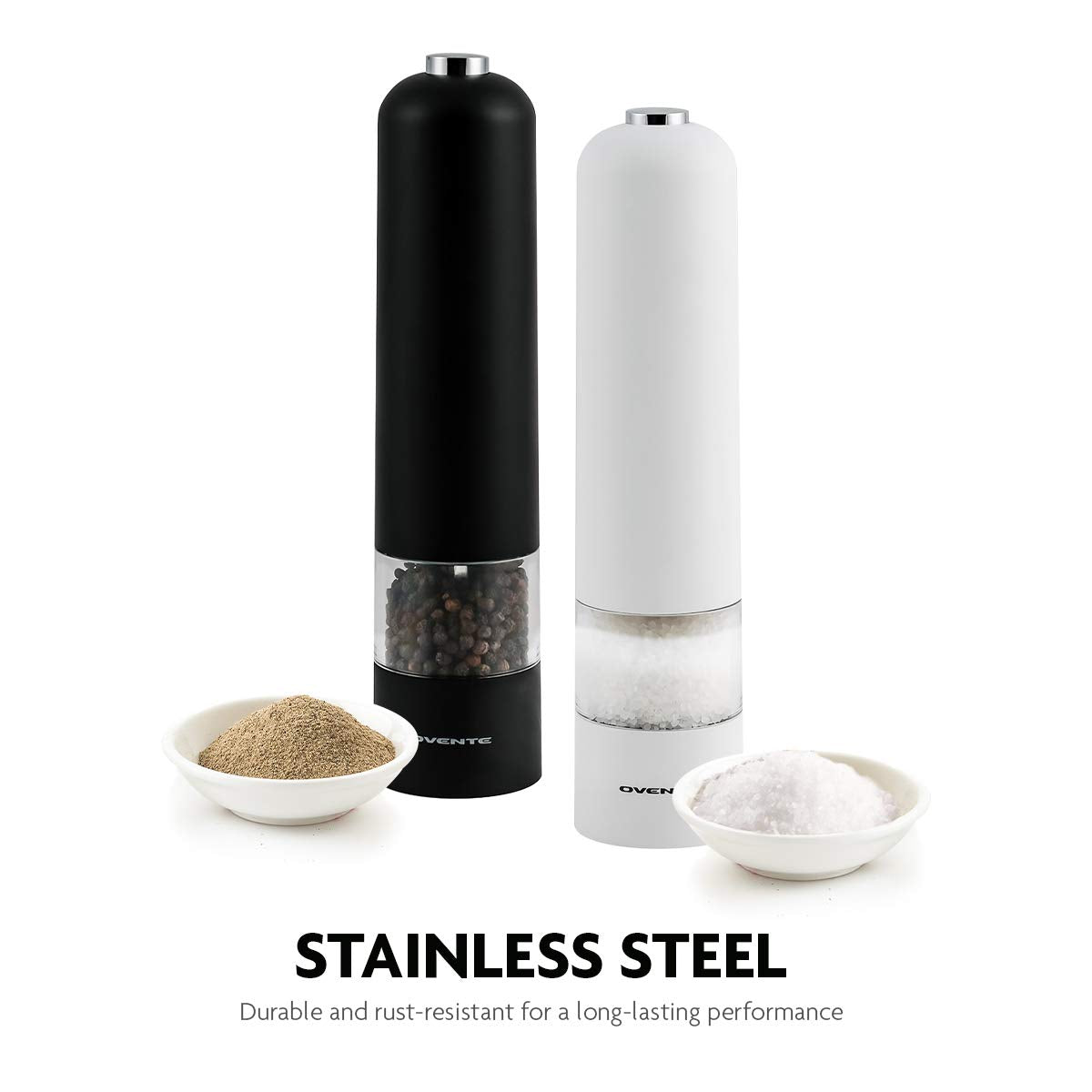OVENTE Set of 2 Electric Salt & Pepper Mill Grinder, Battery Powered Stainless Steel Blades Automatic One Handed Operation with light and Adjustable Coarseness, Black and White SPD102BW