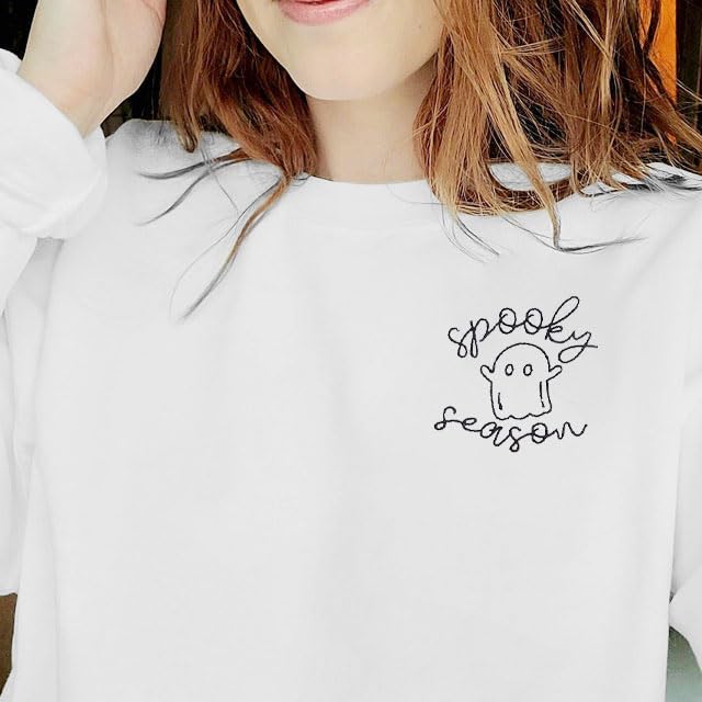 LOTUCY Halloween Sweatshirt Women Cute Spooky Season Sweatshirts Ghost Fall Embroidered Sweater Pullover Top White