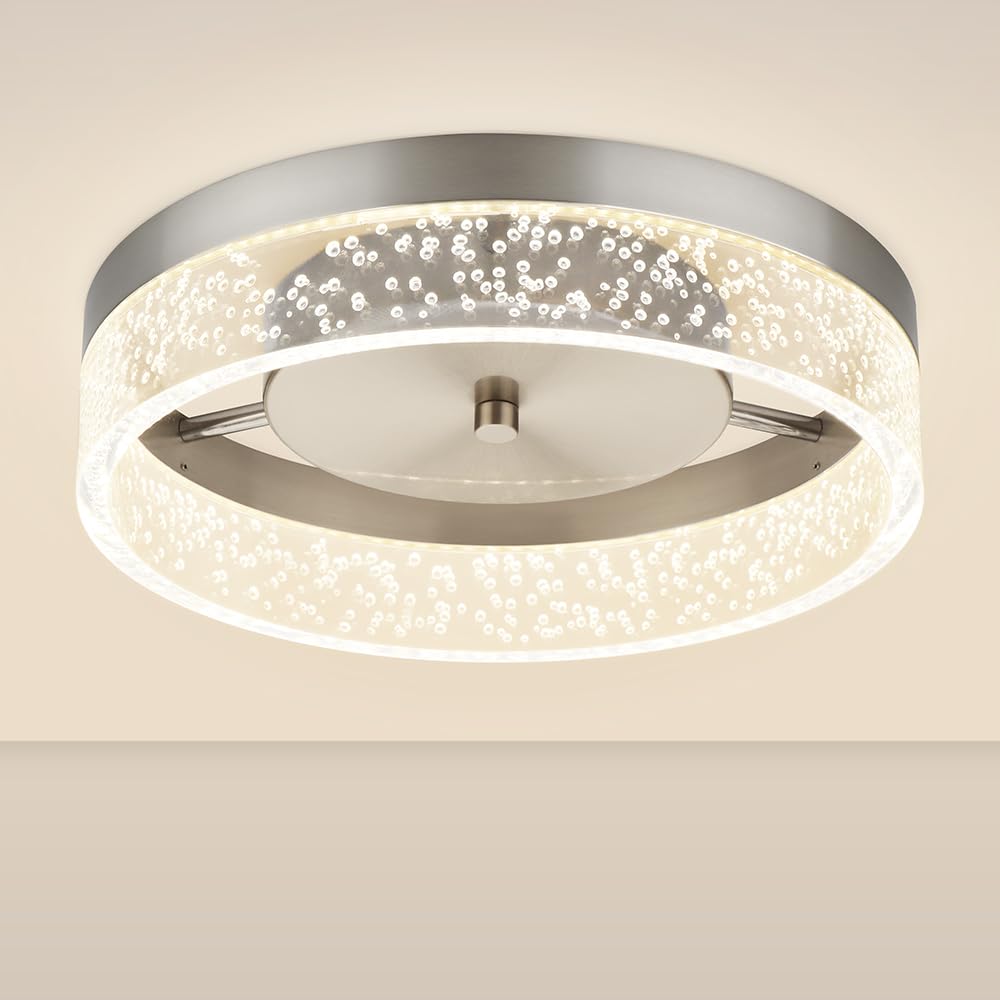 Bekada LED Flush Mount Ceiling Light Fixture, 12In Crystal Chandelier with Clear Bubble Acrylic, Modern Ceiling Lighting for Dining Room, Bedroom, Living Room, Kitchen, Brushed Nickel, 4000K Dimmable