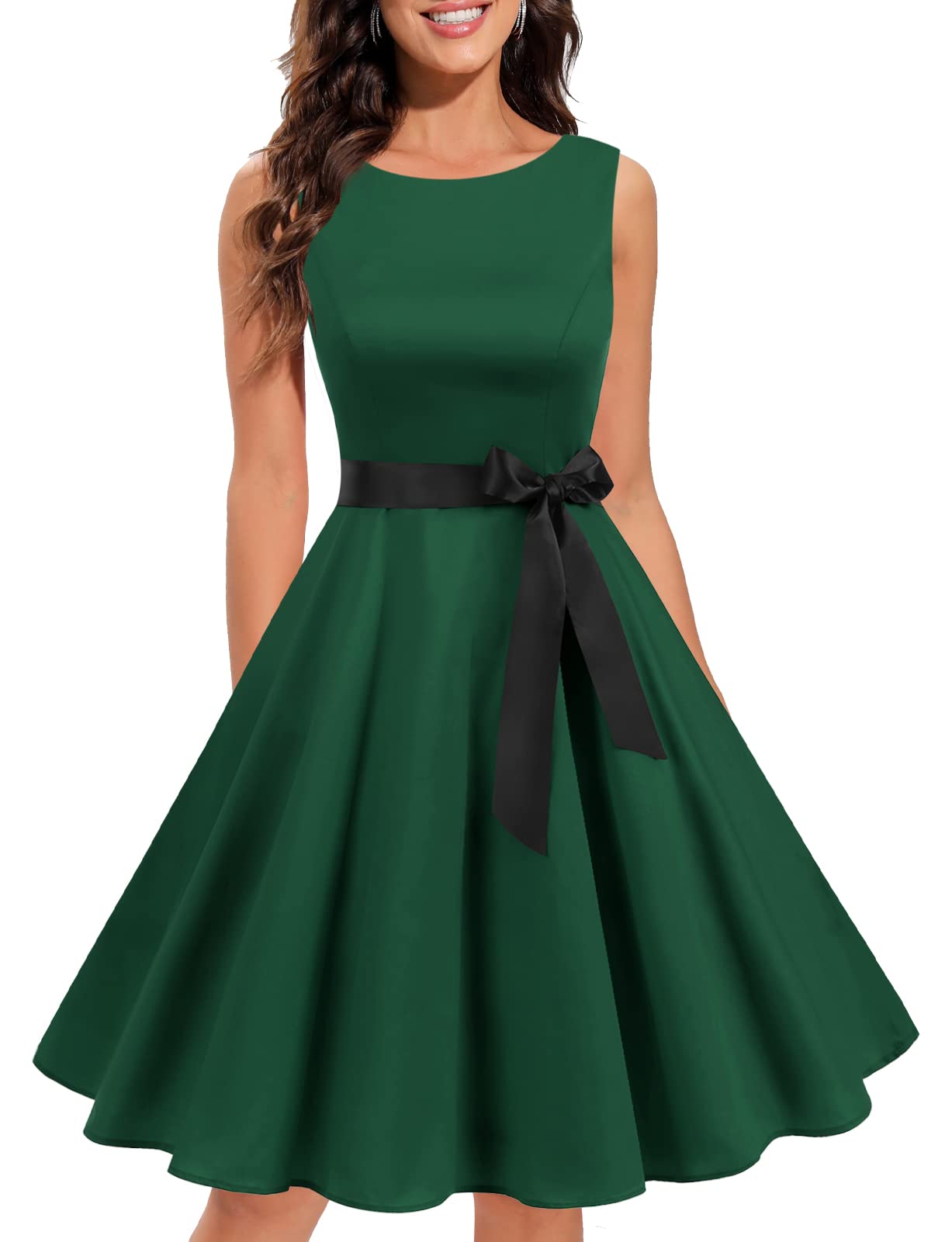 Gardenwed Women's Vintage Cocktail Party Dress Boatneck Sleeveless 1950s Retro Rockabilly Swing Dresses Dark Green XS