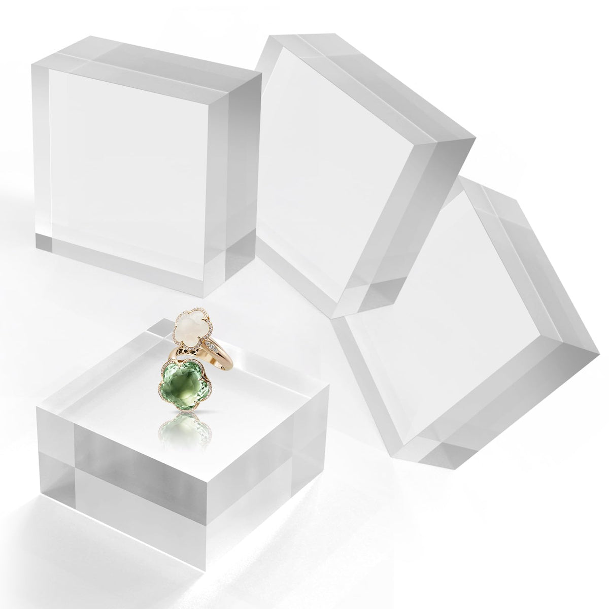 SAMYUCHO Acrylic Base Stand 4 Pieces Acrylic Blocks for Display 4 X 4 X 2 Inch Clear Polished Block Square Cube Riser Display Pedestal Stands for Jewelry Perfume Ring Collection Props Cake