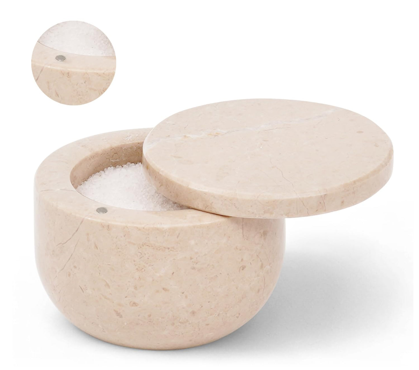 EARTHEN CRAFTS Marble Salt Cellar with Swivel Lid 3 Inch Beige Stone Mini Salt Box for Kitchen Counter with Magnetic Closure, 2.5 OZ Capacity, Ideal for Kosher Salt and Gourmet Seasonings