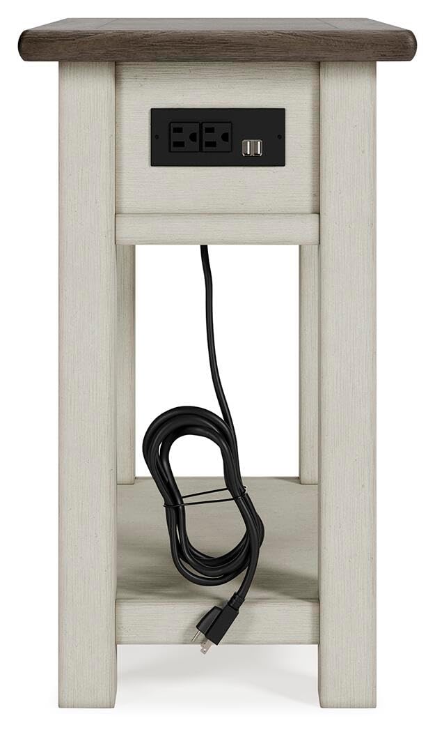 Signature Design by Ashley Bolanburg Chairside End Table With Charging Station, Two-Tone Wood Accent Table With Drawer Storage, Plank Top Design for Living Room or Bedroom, Antique White