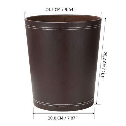 KINGFOM Classic Pu Leather Trash Can Wastebasket, Garbage Container Can for Bathrooms, Powder Rooms, Kitchens, Home, Office and and High Class Hotel Round Brown