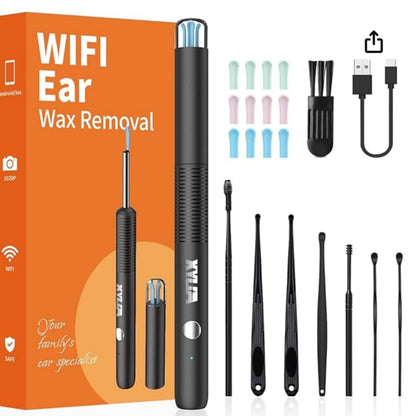Xylla Ear Wax Removal Kit with 1920P HD Camera Wireless Otoscope Earwax Cleaner with 12 PCS Ear Spoons & 6 LED Lights Earwax Remover Tool Portable Type-C Rechargeable for iPhone iPad Android (Black)