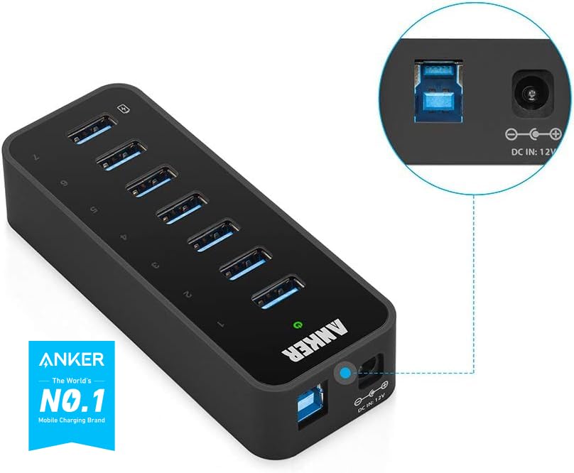 Anker USB Hub, USB 3.0 Hub, 10 Port 60W Data Hub, with 7 USB-3.0 Ports, 3 PowerIQ Charging Ports, Compatible with MacBook, iMac, Dell XPS, Surface Pro, iPhone, iPad Air, Galaxy Series, Mobile HDD