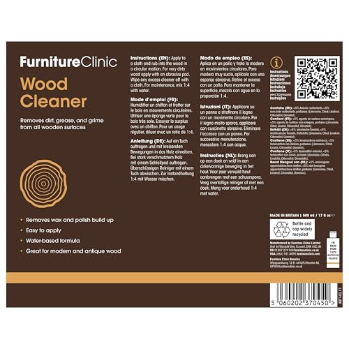 Furniture Clinic Wood Cleaner (500ml) | Restore & Clean Wooden Floors, Furniture, Blinds, Doors, Decking and Many other Wood Surfaces - Easily Remove Wax & Polish Build up, Grease and Grime