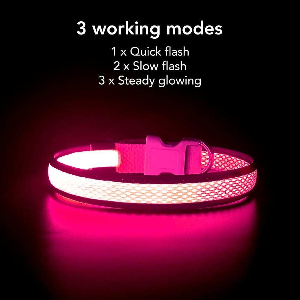 YFbrite Light up Dog Collar, Rechargeable LED Dog Collar, Flashing Dog Collar, Adjustable Reflective Dog Collar Safety Glowing at night (Pink, Medium)