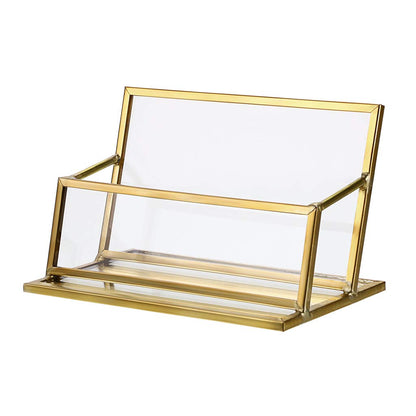 Hipiwe Glass Business Card Holder Stand - Vintage Gold Metal Name Card Display Stand Office Desktop Countertop Business Card Organizer
