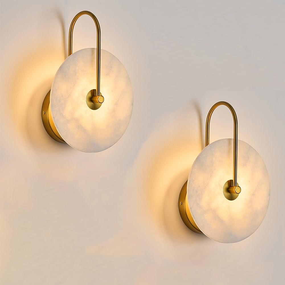 Fanyank Round Alabaster Wall Sconce Set of Two, Natural Marble Lampshade Wall Sconce, Hardwired Circular Sconce LED Modern Wall Lamp for Bedroom, Stairs, Living Room, Bedside, Hallway