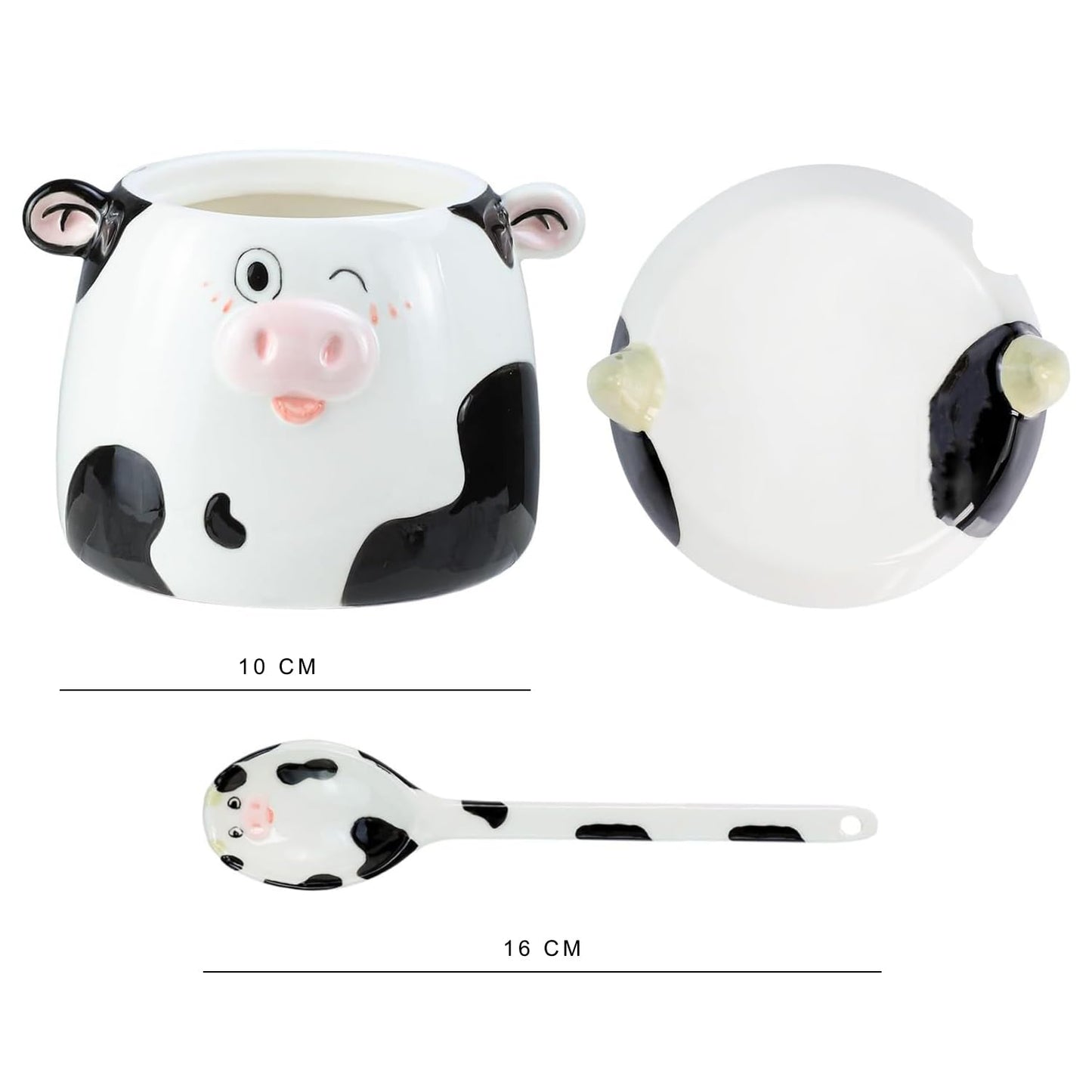 Bicuzat Cute Cow Pattern Ceramic Sugar Bowl, Cow Shaped Salt Bowl with Lid Spoon Set, 15 OZ
