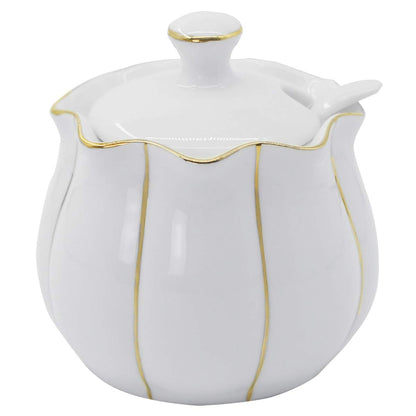 Kitchenexus Porcelain Sugar Bowl with Lid and Spoon 9.17oz/260ml Ceramic Sugar Bowl Sugar Container for Home Kitchen in Golden Edge Pumpkin Design