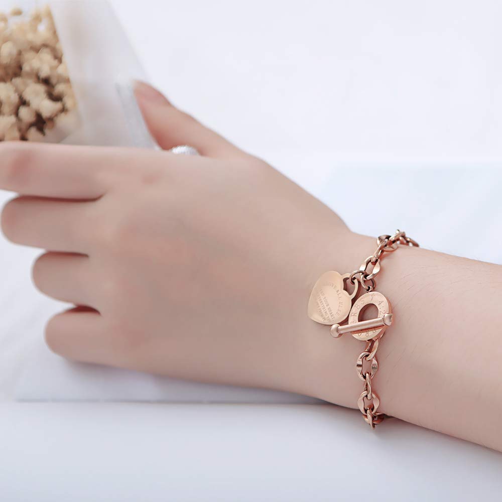 kelistom 316L Stainless Steel Love Heart Charm Bracelet for Women Romantic Gift 18k Gold Plated OT Clasp Bracelets (18k gold)