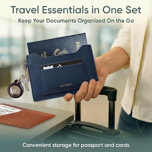 LEV LINA Passport Holder for Travel RFID Blocking Slim Leather Passport Wallet & Passport Book Cover Case with Gold Tone Screw Carabiner and Gift Pouch, Airport Essentials (Brown)