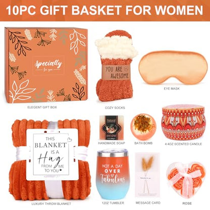 Grandma Christmas Gifts Basket,Orange Birthday Gifts for Mom Women Her Girlfriend Wife Coworker w/Fall Cozy Socks& Blanket,Autumn Self Care Package Bath Set,Thanksgiving, Christmas Gifts Box for Women