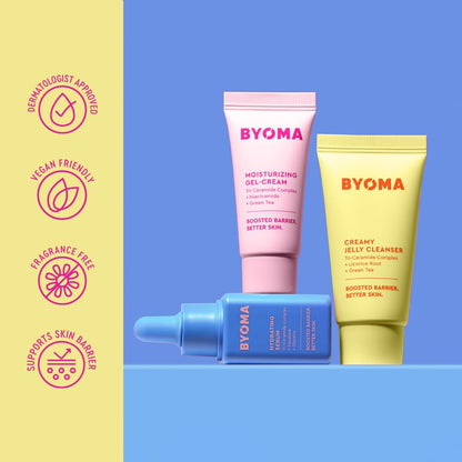 BYOMA So Hydrated Set - Barrier Repair Skincare Set (30ml, 15ml, 15ml) Creamy Jelly Cleanser, Hydrating Face Serum and Ceramide Face Moisturiser for Dry Skin - Anti Wrinkle, Alcohol Free, Vegan