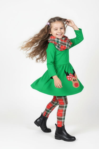 Unique Baby Girls 3 Piece Christmas Reindeer Legging Set Outfit (4 Years, Green)