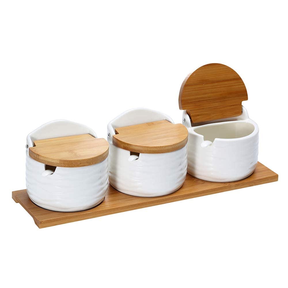 Lucky Goddness Ceramic Sugar Bowl Salt Box with Spoon and Bamboo Flip Top Lid, 9 fl oz Pepper Container Flour Box Holder Earthenware Bowl White for Housewarming Gift