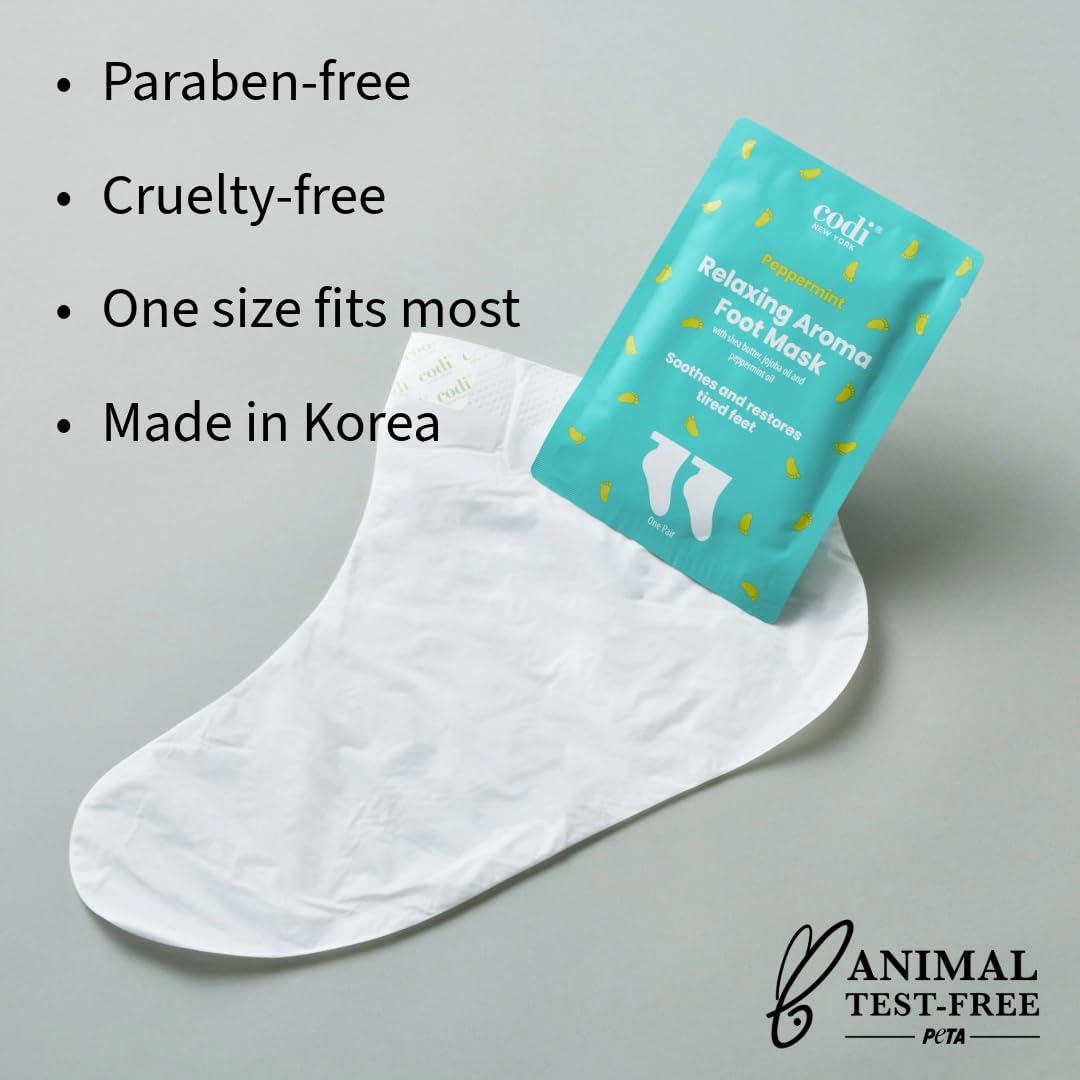 Codi New York Relaxing Aroma Foot Mask, Home Spa Moisturizing Pedicure Socks, 6 Pairs, For Dry Cracked Heel, Hydrating Foot Treatment, Made in Korea (Peppermint)