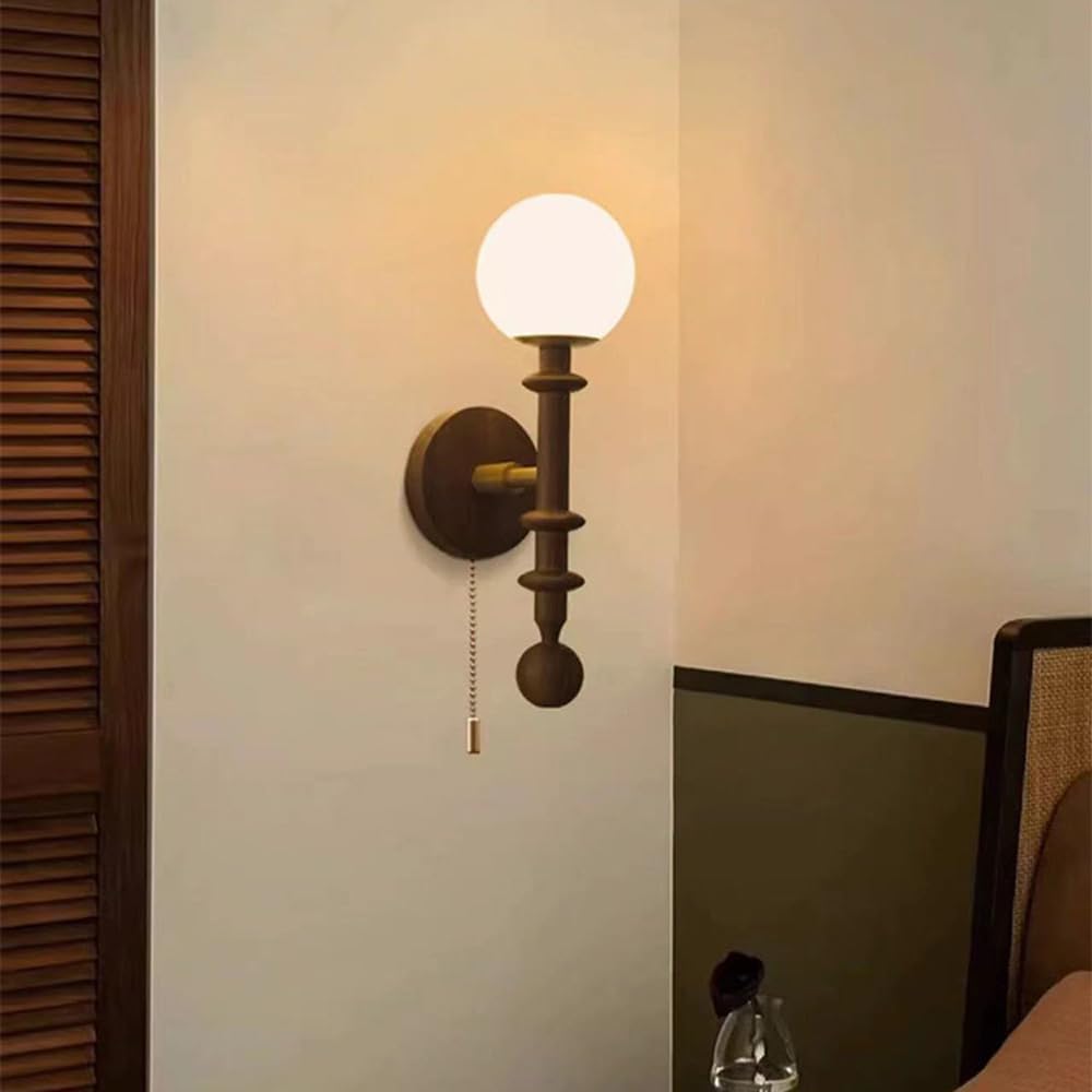 RXPVUXE Vintage Wood Wall Sconce Globe Glass Wall Lamp with Pull Chain Switch, Farmhouse Bedside Aisle Deco Lighting Fixture Retro Modern Wooden Wall Light for Living Room Hallway Stairs, E27