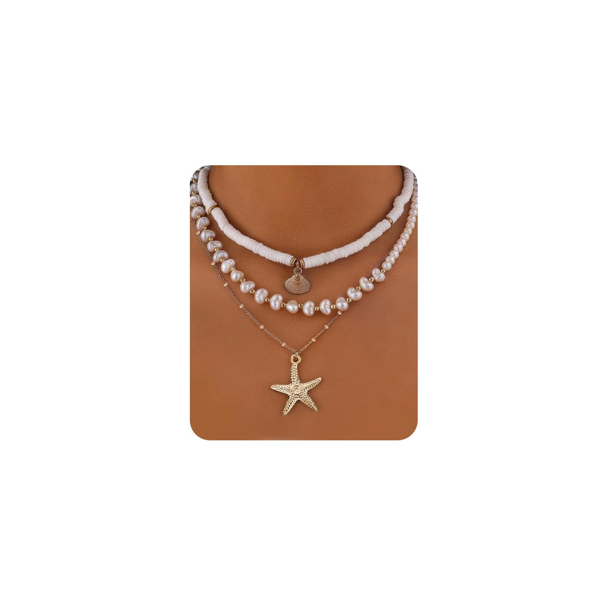 VOJO Starfish Seashell Necklace for Women, 3 Layers Stacked Summer Beach Necklaces, Colorful Polymer Clay Pearl Jewelry, 18K Gold Plated Tropical Hawaii Vacation Accessories, Tarnish Resistant Gifts (polymer clay seashells + starfish)