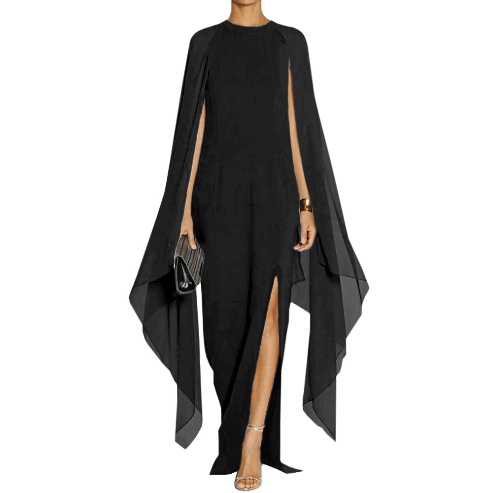 MAYFASEY Women's Flare Chiffon Sleeve High Split Formal Evening Gown Maxi Dress with Cape Black XL