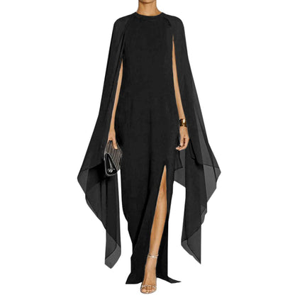 MAYFASEY Women's Flare Chiffon Sleeve High Split Formal Evening Gown Maxi Dress with Cape Black XL