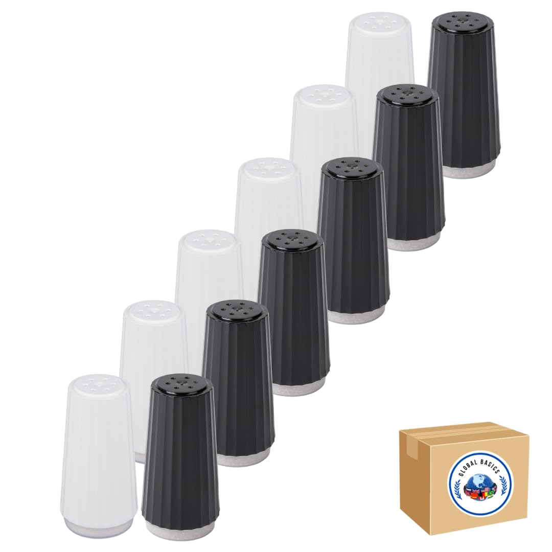 Disposable Plastic Salt and Pepper Shakers by Global Basics - Shaker Sets for Parties, Restaurants, Picnics, Cookouts - Prefilled Salt and Pepper Shakers with 4oz. Salt, 1.5oz. Pepper - 12-Pack