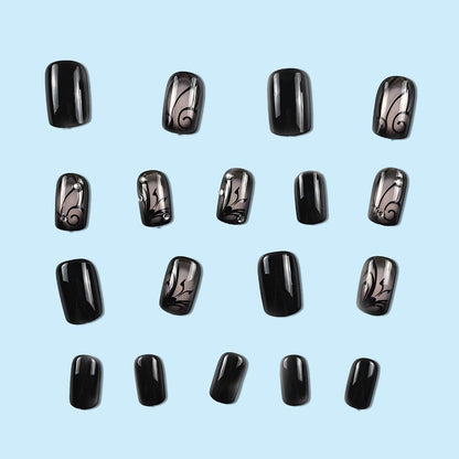 OHWODA Black Press on Nails Short Square Fake Nails Black Vine Acrylic Glue on Nails Full Cover Glossy Nails Press ons Short Stick on Nails Summer Artificial Nails for Women Girls - 24Pcs