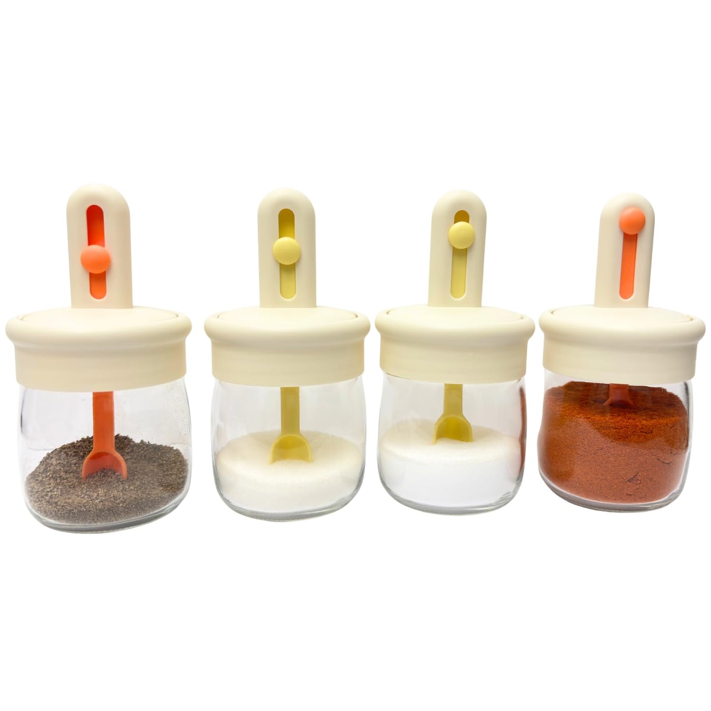 Airtight Glass Seasoning Jar, Spice Jar, Food Container - 4 Pack 10 Oz - with Retractable Spoon and Lid (Cream White)