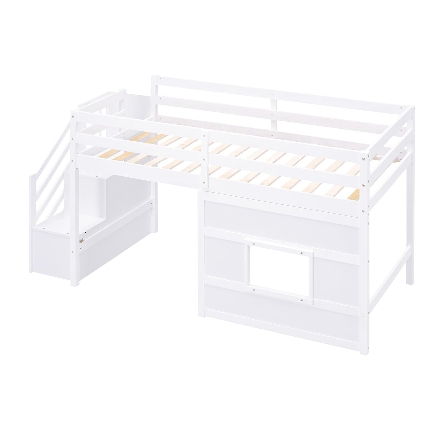 Merax Twin Size Loft Bed with Storage Staircase, Solid Wood Loft Bed Frame with LED Light and Safety Guardrail, Under-Bed Play Space, Playhouse Beds for Kids, Boys, Girls,White