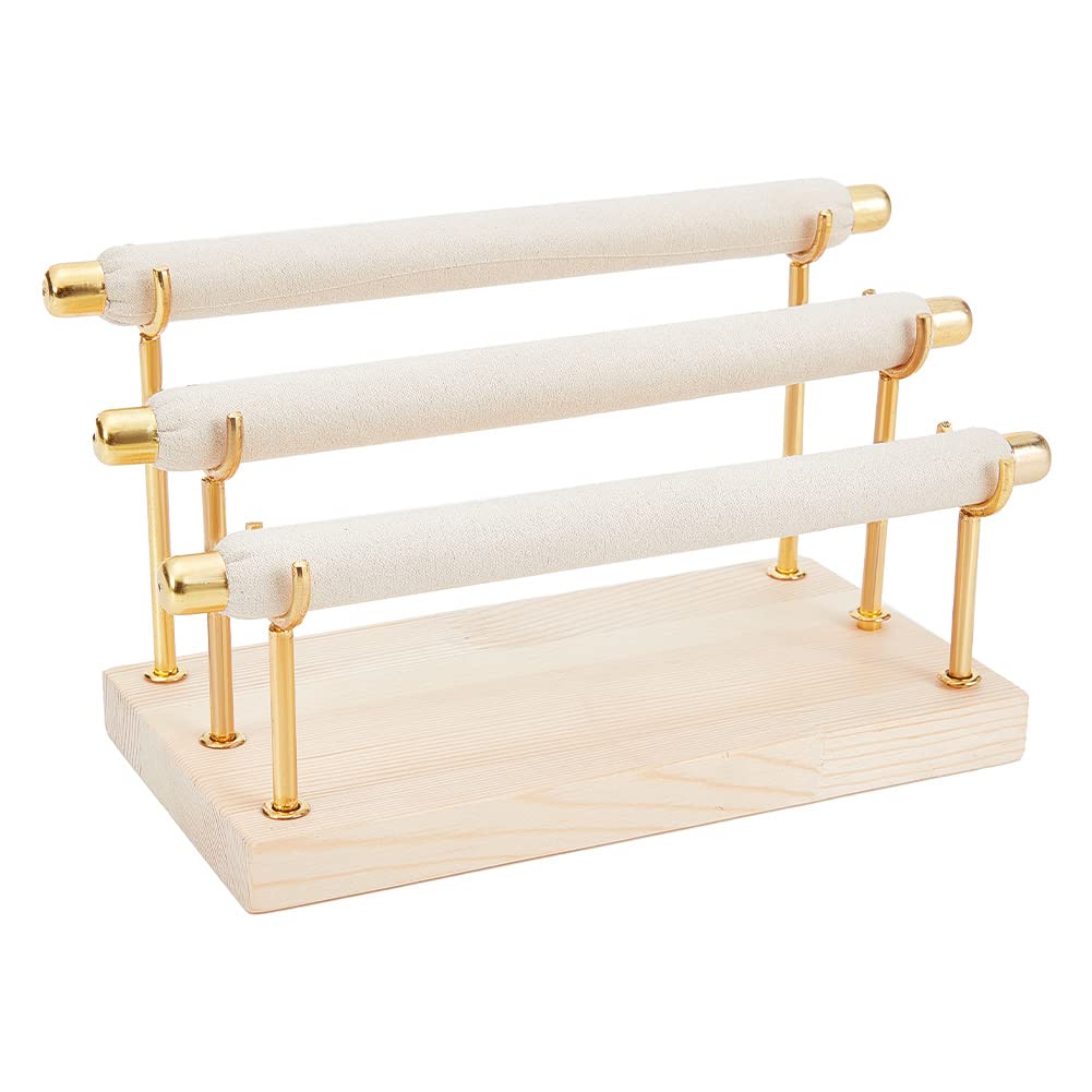 NBEADS 3-Tier Ring Display Stands, Wood Detachable Ring Organizer, Wooden Ring Holder with Golden End Jewelry Storage Organizer Tower Ring Display Jewelry Shelf (RDIS-WH0009-009-US6)