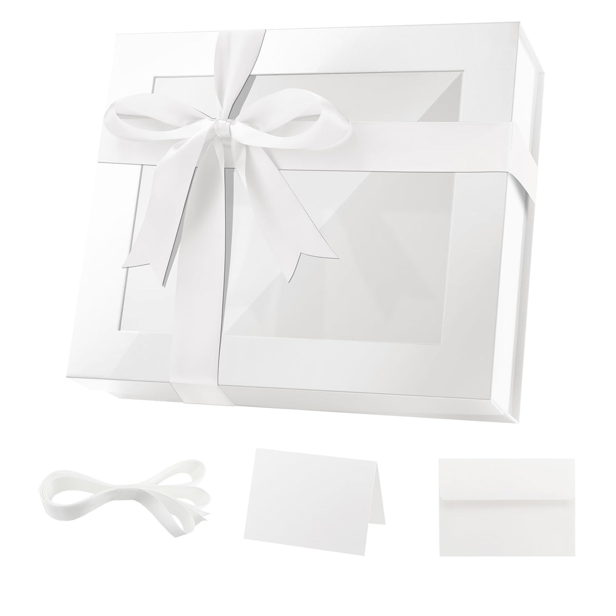 PACKQUEEN Extra Large White Gift Box with Window, 16.3x14.2x5 Inches Clear Gift Box for Present Contains Ribbon, Card, Bridesmaid Proposal Box with Lid (Glossy White)
