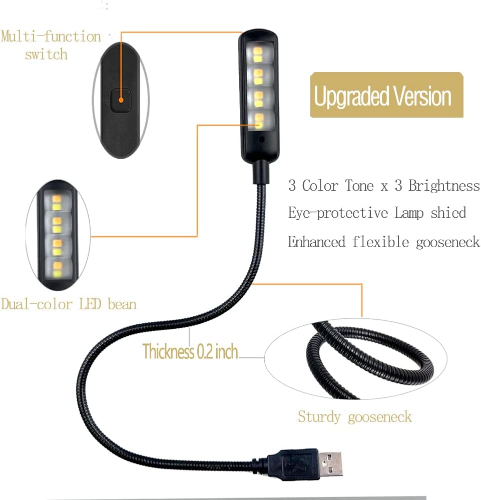 USB Light for Laptop Keyboard, Thickened & Flexiable 3 Brightness x 3 Color Temperature USB Reading Light for Nightwork Without Disturbing Roommates.