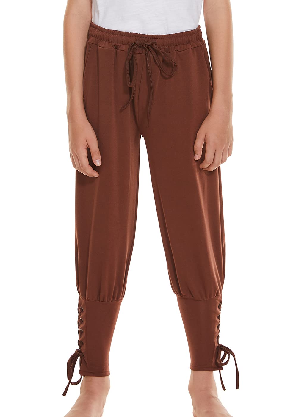 Medieval Ankle Banded Pirate Pants for Boys, Kids Renaissance Viking Pirate Costume, Halloween Cosplay Gothic Striped Pants Trousers (10-12 Years, Coffee)