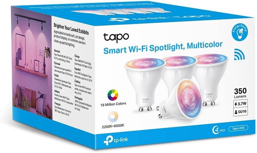 Tapo L630 (4-Pack) Smart Bulb, Alexa Light Bulb, Smart Light Bulb Spotlight, GU10 Lamp Base, 16 Million Colours, White Tunable, High Lumen & Dimmable, Remote Control, Voice Control Alexa & Google