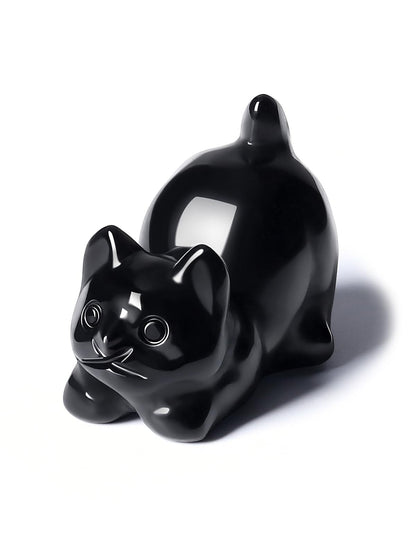 MANIFO Black Obsidian Crystal Cat Figurine for Cat Lovers Cute Gemstone Cat Ornaments for Home Office Cat Statue Gifts