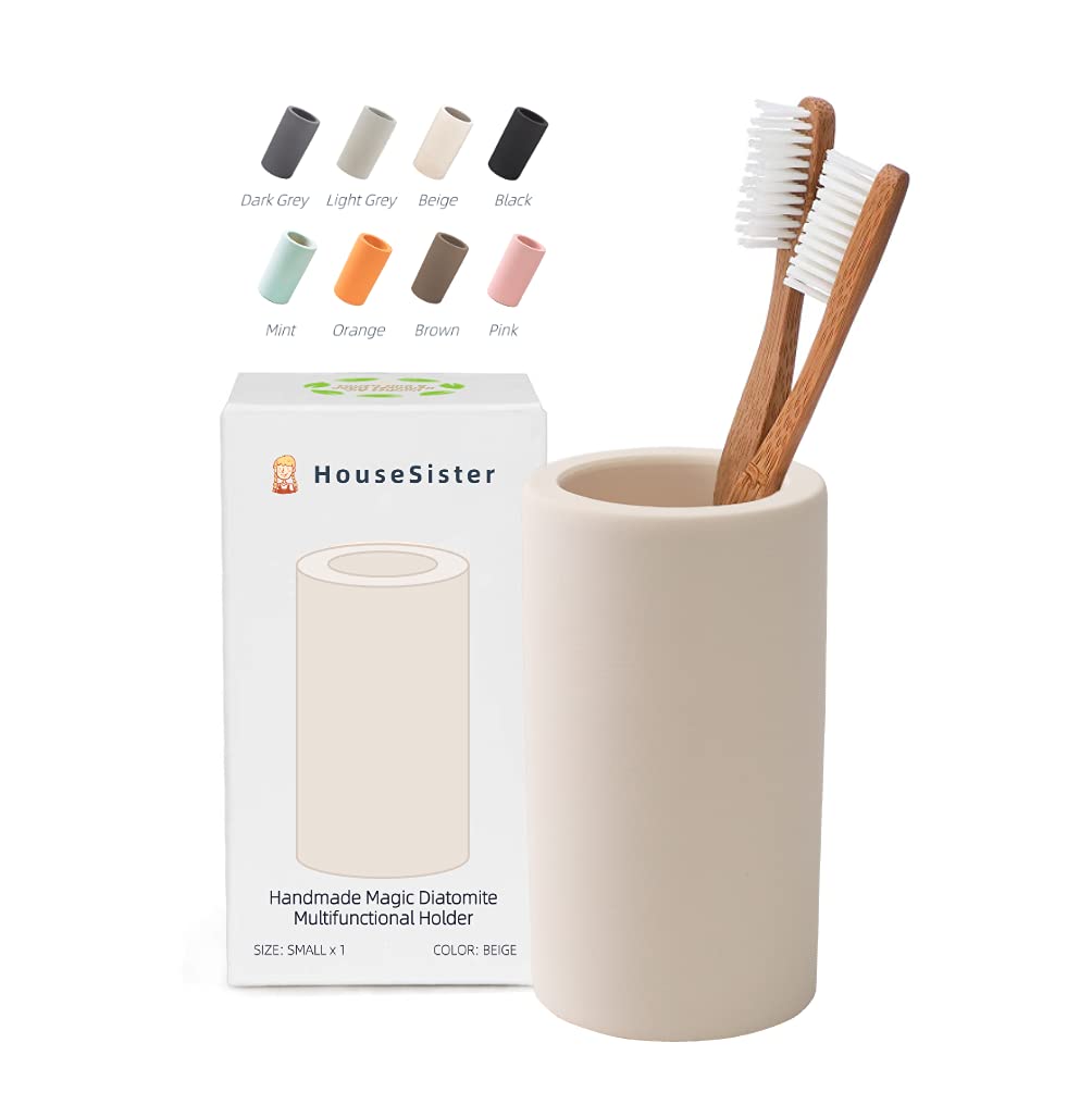 HouseSister Fast-Drying Diatomite Toothbrush Holder - Bathroom Countertop Organizer Stand for Toothpaste, Makeup Brushes, Razors & Accessories (Beige)