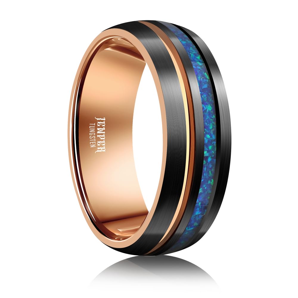 JEWPER 8mm Men Womens Wedding Band Tungsten Rings Black Blue rose gold Fashion Promise Carbide outer ring Inlaid Opal groove design Matte Finish Edge Comfort Fit Size(13)