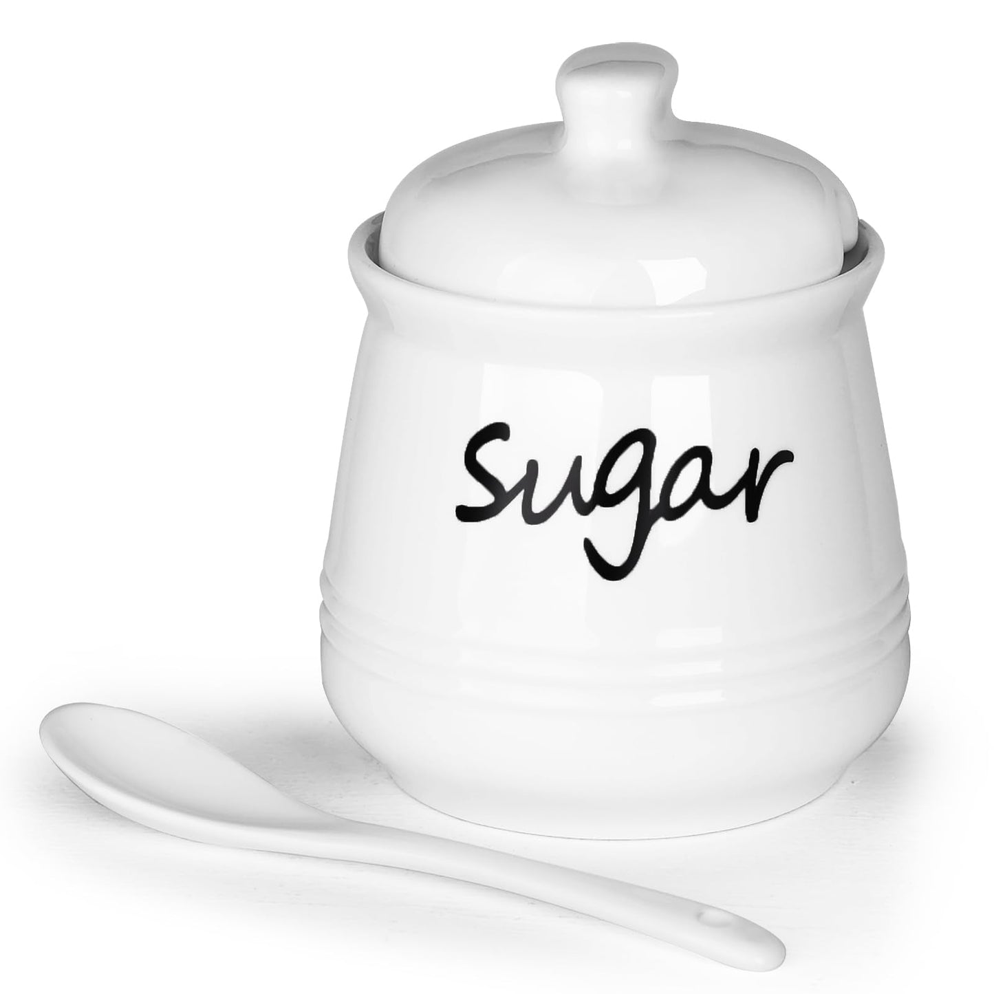 HAOTOP Ceramic Sugar Bowl with Lid and Spoon, 12oz Sugar Jar Sugar Dispenser Sugar Container Coffee Bar Accessories, Kitchen Countertop Canisters, White
