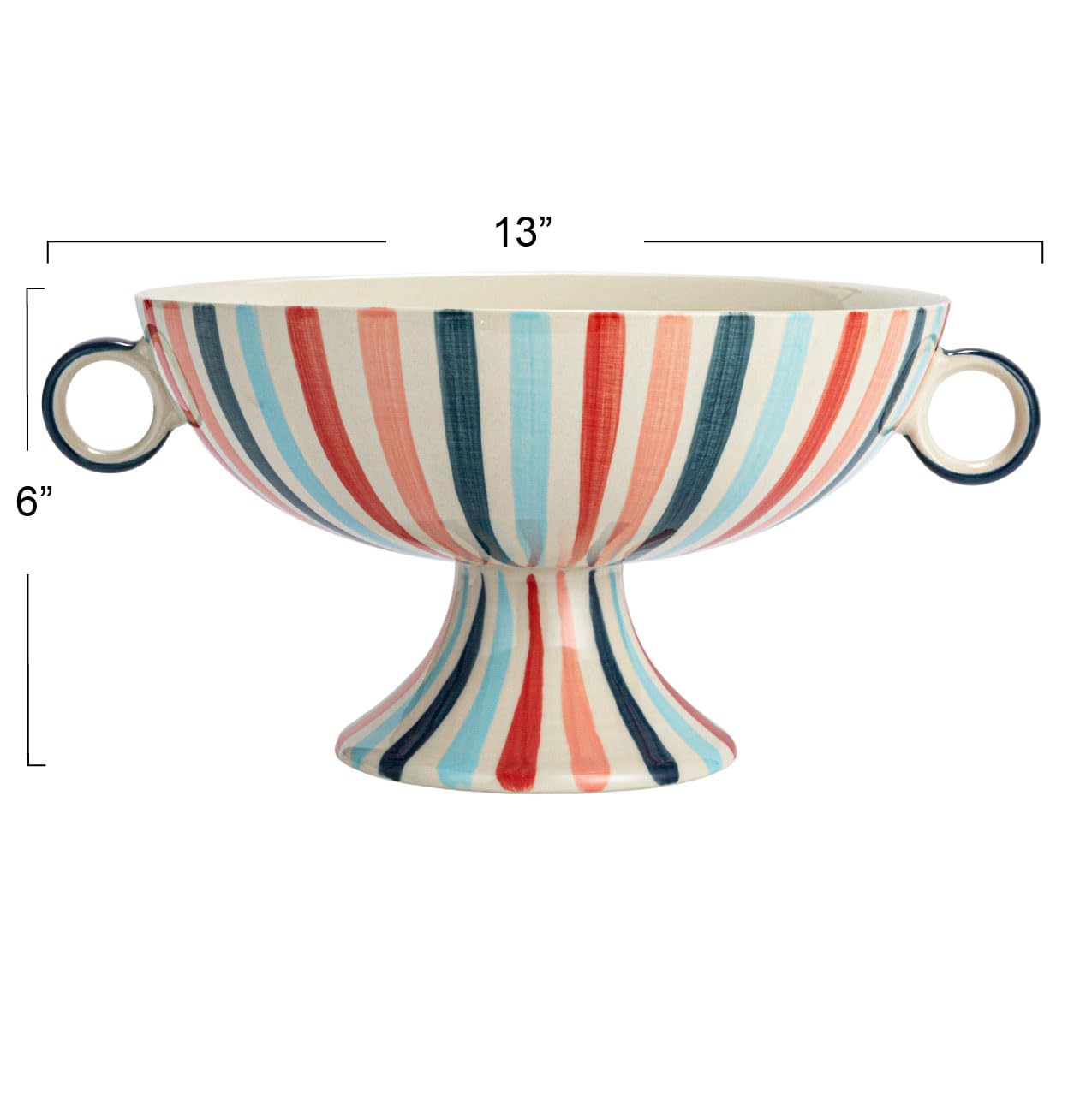 Creative Co-Op Hand-Painted Stoneware Footed Bowl with Handles and Stripes, Multicolor