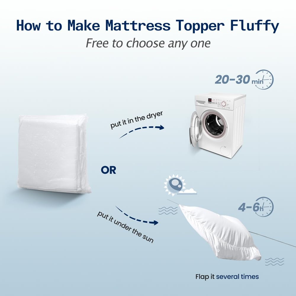 SOPAT Queen Size Mattress Topper, Extra Thick Pillow Top, Soft Down Alternative Fill, Deep Pocket Mattress Pad, 60x80 in, White, Machine Washable
