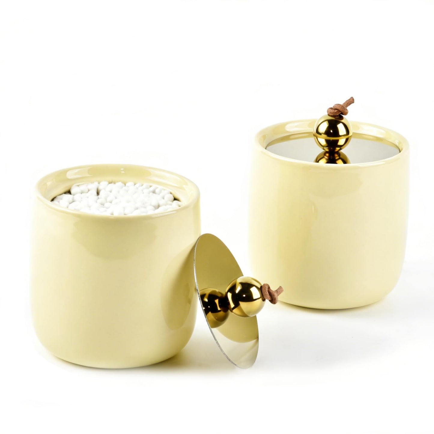 Ceramic Qtip Holder Dispenser with Gold Lids 2 Pack, Yellow Apothecary Jars Bathroom Vanity Organizer for Home Decor Bathroom Canister for Cotton Swabs, Rounds, Balls, Makeup Sponges, Bath Salts