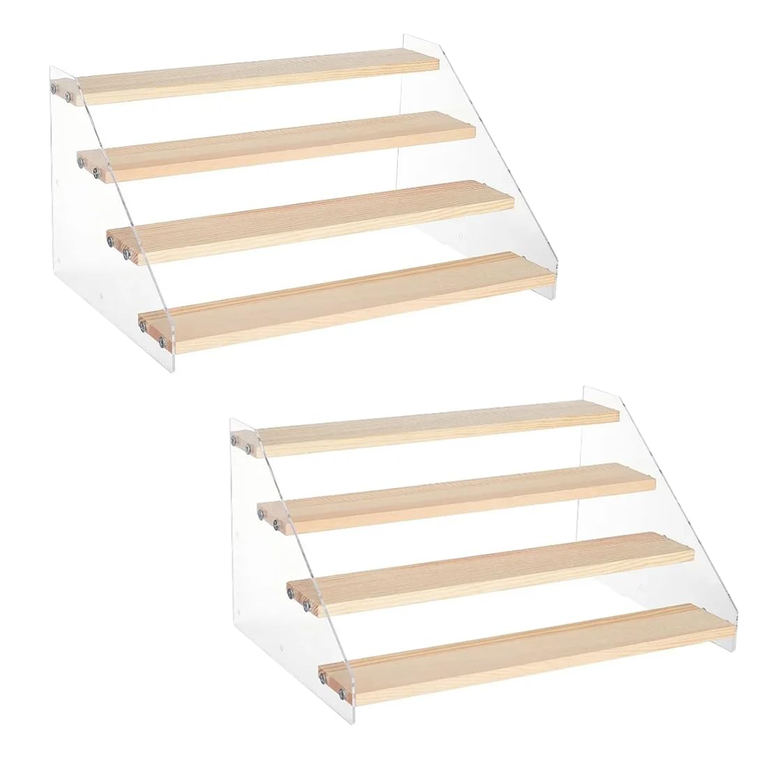 BeiHCain 2 Pack 4 Tier 12 Inch Acrylic Wooden Display Stand, Clear Acrylic Display Riser Shelf Wood Tiered Display Shelf Rack Step Ladder Riser Stands for Cupcakes Perfumes Figures Collectibles