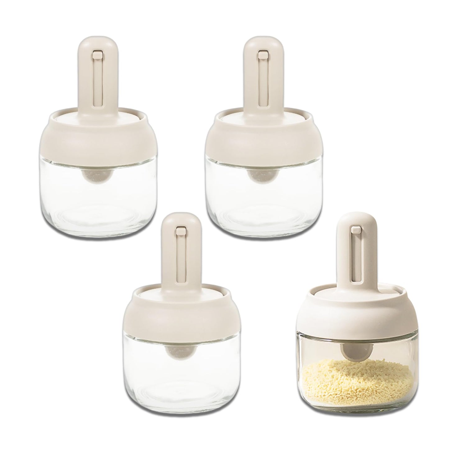 4 Pack Glass Seasoning Jars with Retractable Spoon Lid, 9oz Empty Spice Jars, Airtight Sugar Holder, Clear Condiment Salt Pepper Containers, Coffee Bar Accessories, Kitchen Countertop Canisters