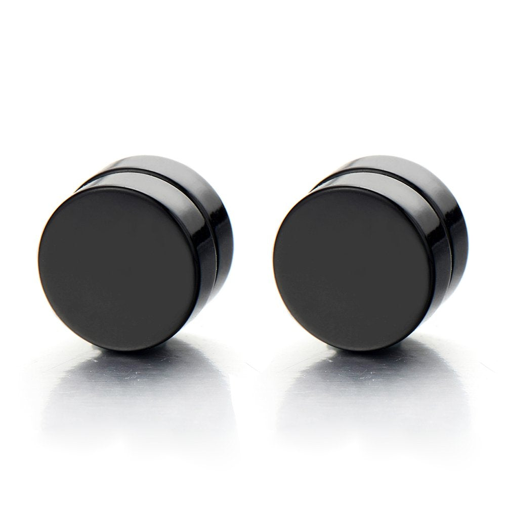 Magnetic Fake Plug Earrings for Men Women, Black Round Faux Gauge Studs, Non Piercing Illusion Ear Plugs
