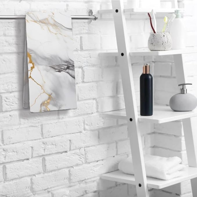 Marble Hand Towels Highly Absorbent White and Gold Marbling Bathroom Kitchen