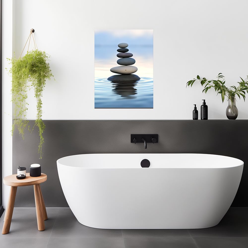 QIXIANG Zen Canvas Wall Art Zen Stone Painting Prints Spa Meditation Painting Artwork for Spa Yoga Room Bathroom Wall Decor Frame (12.00" x 18.00", Zen 1)