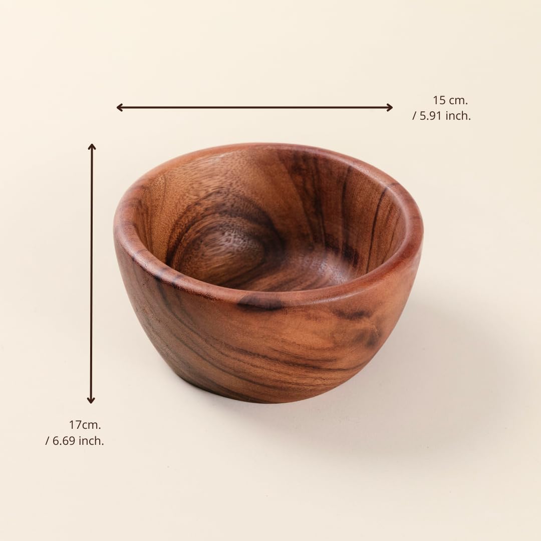 Acacia Wooden Salad Bowls (Set of 2): 6" x 3" Individual Wood Serving Bowls for Fruits, Cereal, Salads or Snacks - Handmade from a Single Organic Piece of Acacia Wood, Food Safe